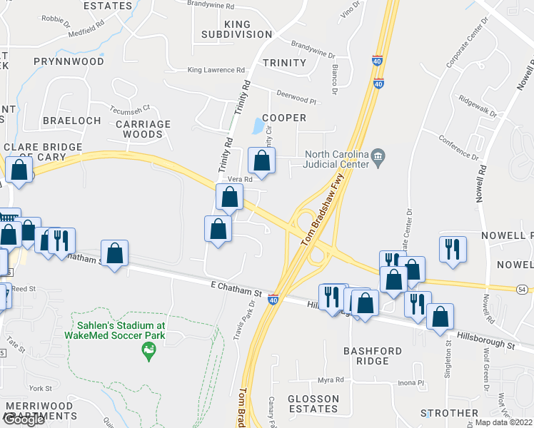 map of restaurants, bars, coffee shops, grocery stores, and more near 7870 Chapel Hill Road in Raleigh