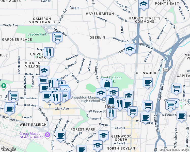 map of restaurants, bars, coffee shops, grocery stores, and more near in Raleigh