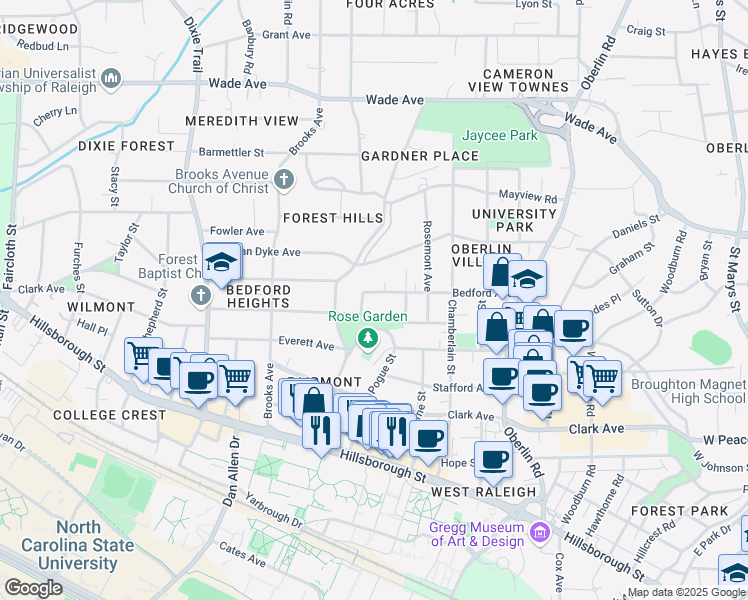map of restaurants, bars, coffee shops, grocery stores, and more near 2630 Kilgore Avenue in Raleigh