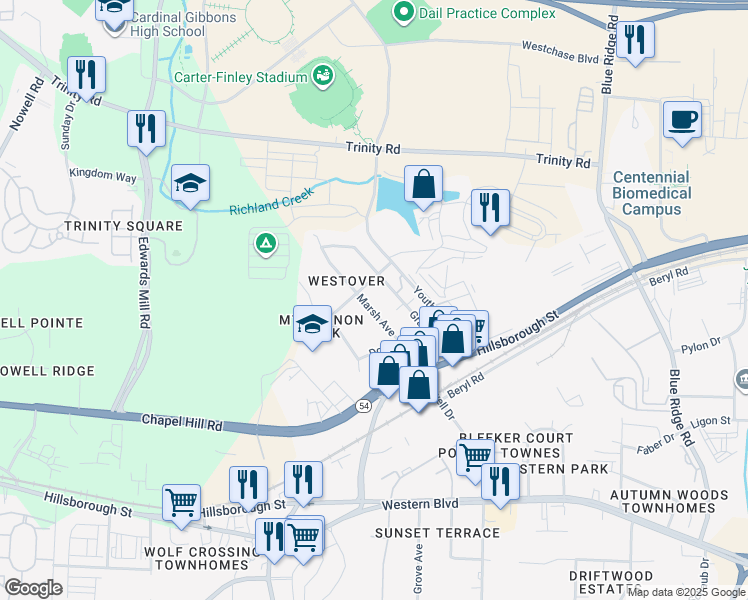 map of restaurants, bars, coffee shops, grocery stores, and more near 212 Marsh Avenue in Raleigh
