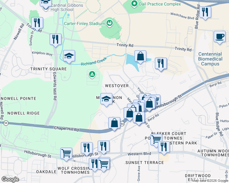 map of restaurants, bars, coffee shops, grocery stores, and more near 221 Marsh Avenue in Raleigh