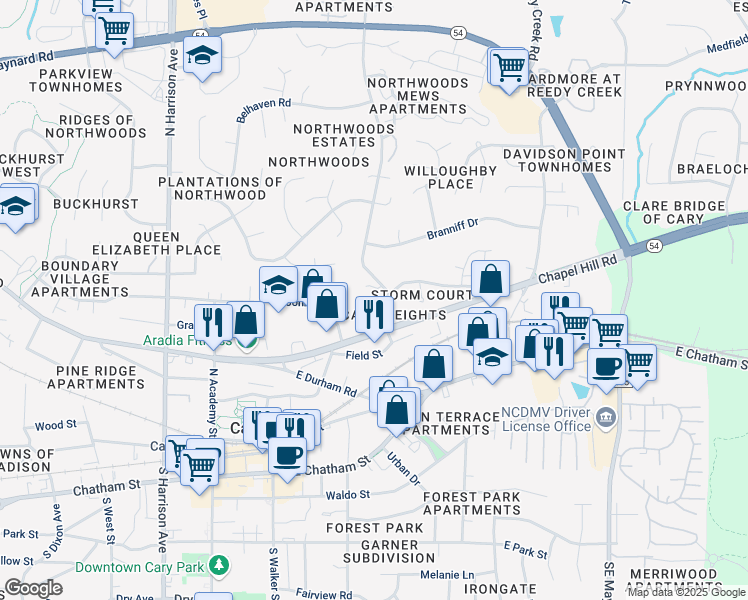 map of restaurants, bars, coffee shops, grocery stores, and more near in Cary