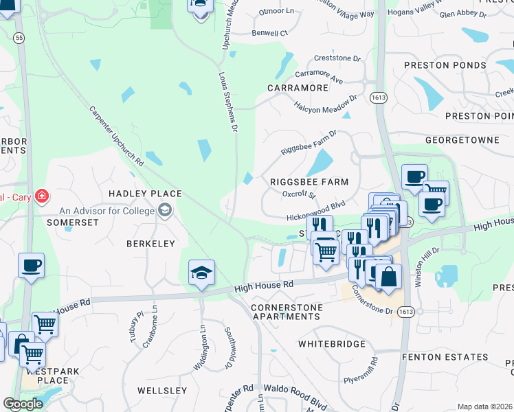 map of restaurants, bars, coffee shops, grocery stores, and more near 529 Hickorywood Boulevard in Cary