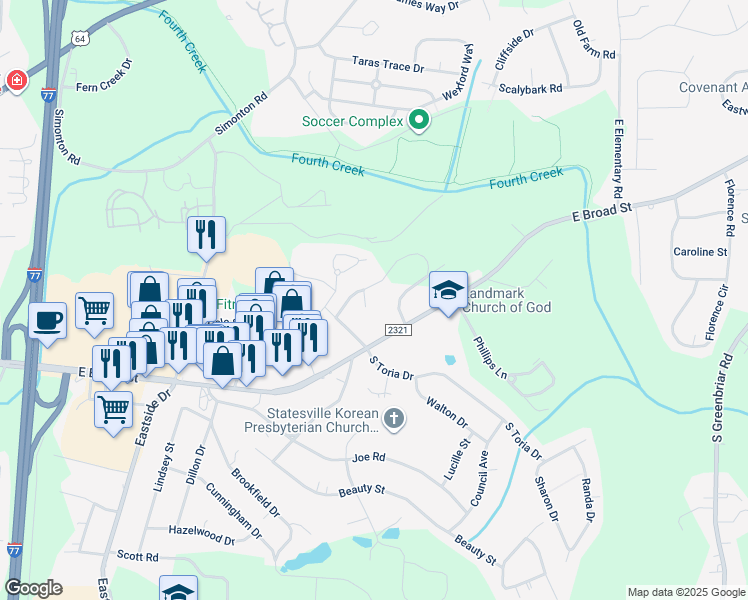 map of restaurants, bars, coffee shops, grocery stores, and more near 120 Saint James Place in Statesville
