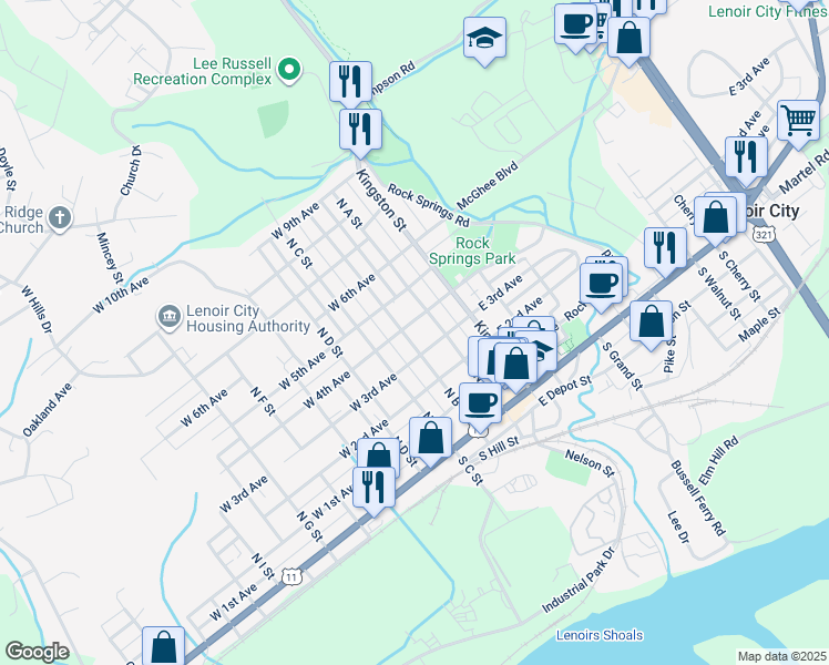 map of restaurants, bars, coffee shops, grocery stores, and more near 408 North B Street in Lenoir City
