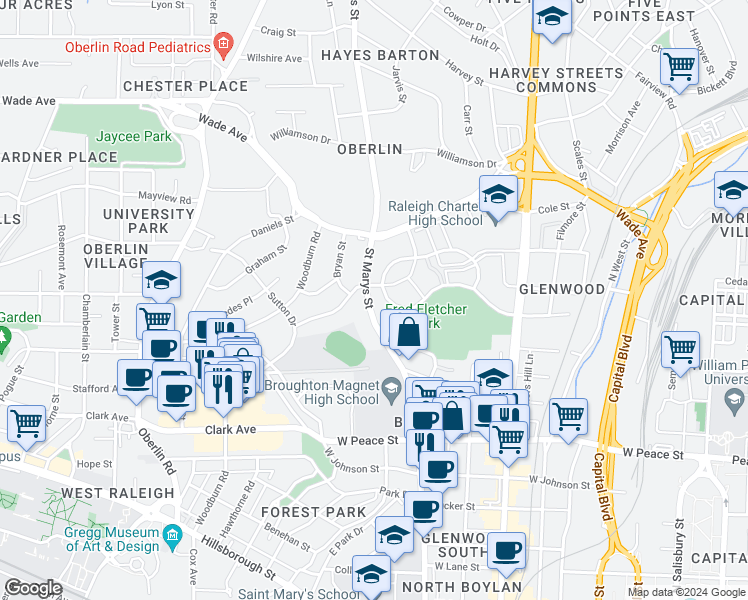 map of restaurants, bars, coffee shops, grocery stores, and more near 851 Washington Street in Raleigh
