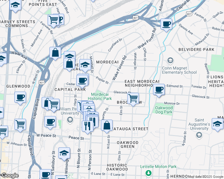 map of restaurants, bars, coffee shops, grocery stores, and more near 1006 Wake Forest Road in Raleigh