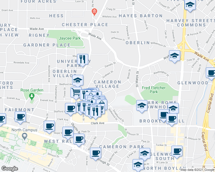 map of restaurants, bars, coffee shops, grocery stores, and more near 1807 Sutton Drive in Raleigh