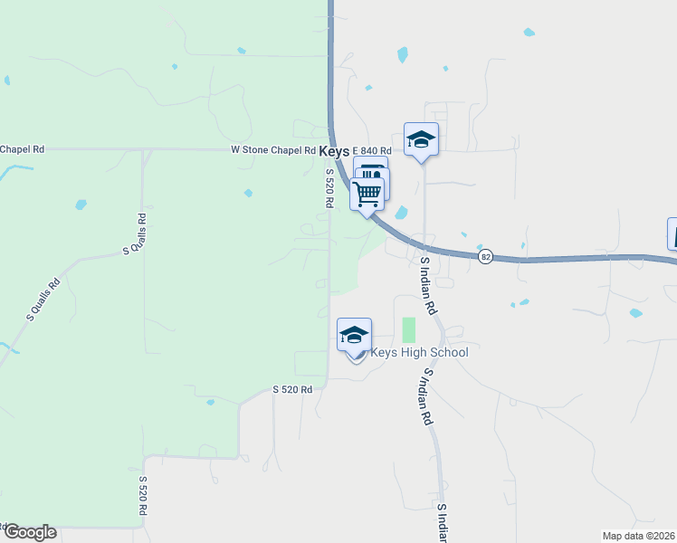 map of restaurants, bars, coffee shops, grocery stores, and more near 26556 South 520 Road in Park Hill