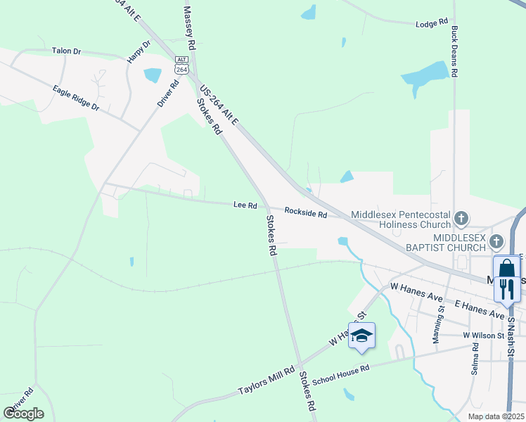 map of restaurants, bars, coffee shops, grocery stores, and more near 7092 Stokes Road in Middlesex
