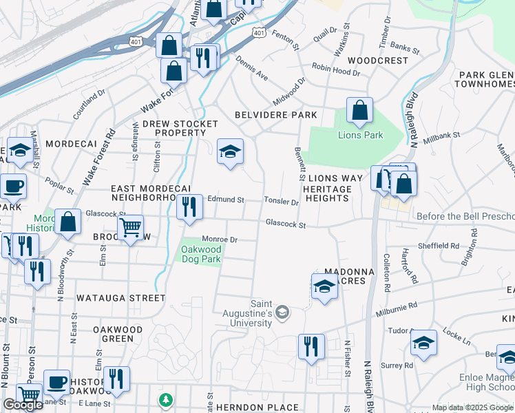 map of restaurants, bars, coffee shops, grocery stores, and more near 721 Glascock Street in Raleigh