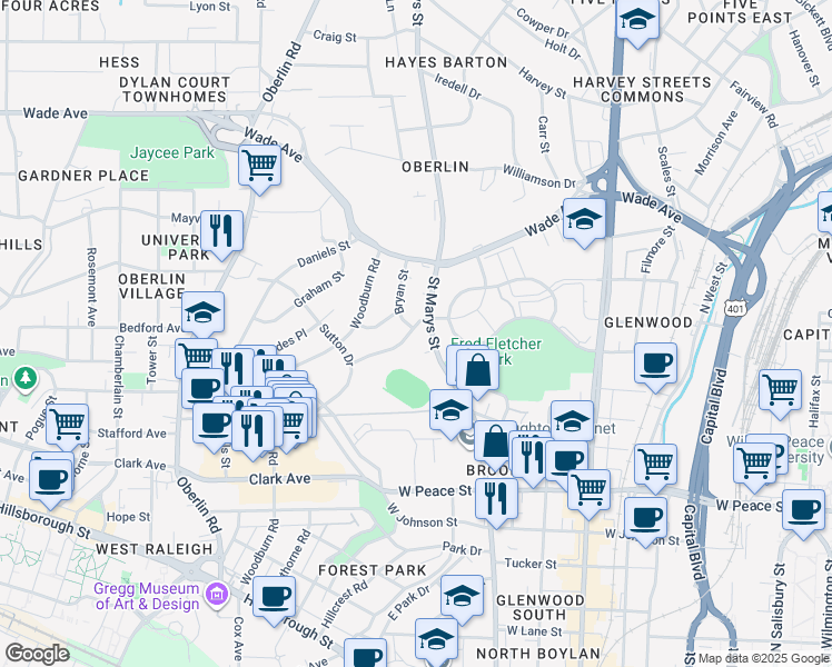 map of restaurants, bars, coffee shops, grocery stores, and more near in Raleigh