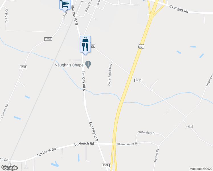 map of restaurants, bars, coffee shops, grocery stores, and more near 116 Cedar Ridge Trail in Elm City