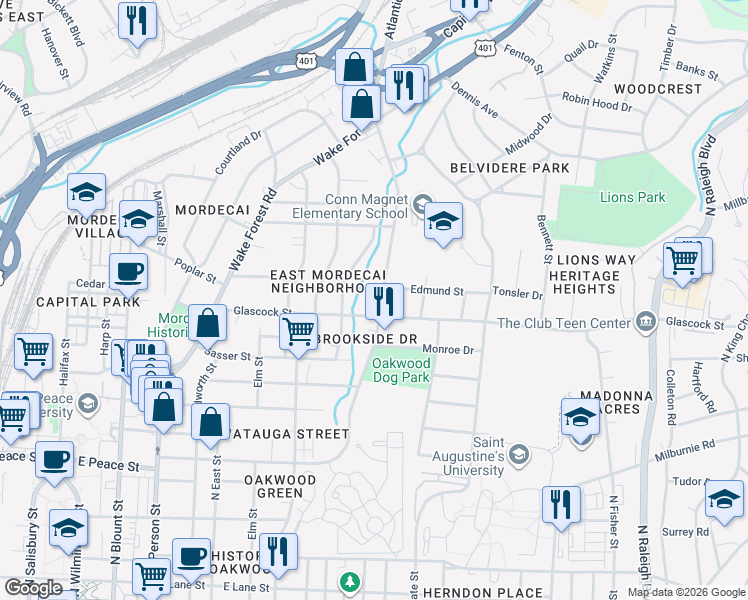 map of restaurants, bars, coffee shops, grocery stores, and more near 514 Glascock Street in Raleigh