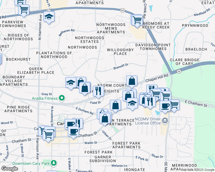 map of restaurants, bars, coffee shops, grocery stores, and more near 114 Storm Court in Cary