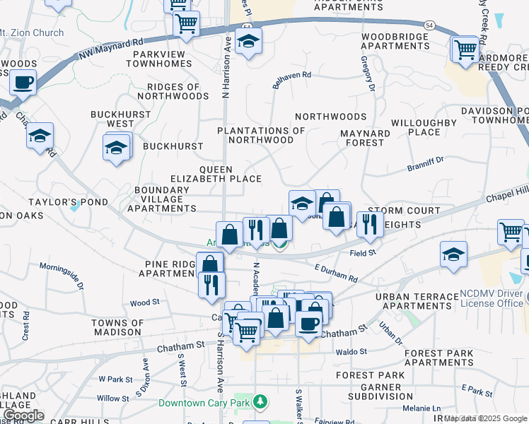 map of restaurants, bars, coffee shops, grocery stores, and more near 700 Barrett Woods Court in Cary
