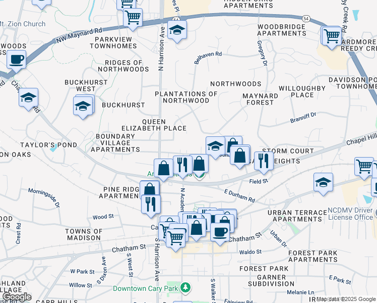map of restaurants, bars, coffee shops, grocery stores, and more near 700 Barrett Woods Court in Cary