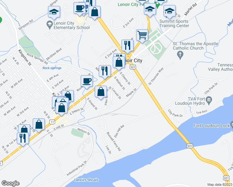 map of restaurants, bars, coffee shops, grocery stores, and more near 298 Locust Street in Lenoir City