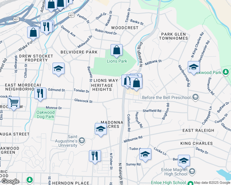 map of restaurants, bars, coffee shops, grocery stores, and more near 1016 Addison Place in Raleigh