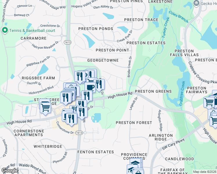map of restaurants, bars, coffee shops, grocery stores, and more near 341 Baronet Bend Drive in Cary