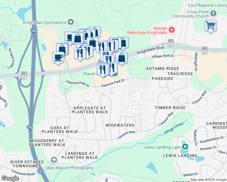 map of restaurants, bars, coffee shops, grocery stores, and more near 1210 Emerald Common Drive in Knightdale