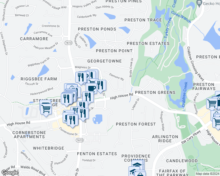 map of restaurants, bars, coffee shops, grocery stores, and more near 341 Baronet Bend Drive in Cary