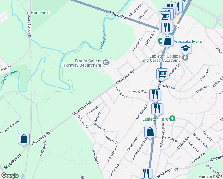 map of restaurants, bars, coffee shops, grocery stores, and more near 1208 McArthur Road in Maryville