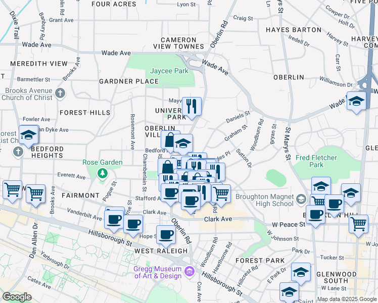 map of restaurants, bars, coffee shops, grocery stores, and more near 611 Daniels Street in Raleigh
