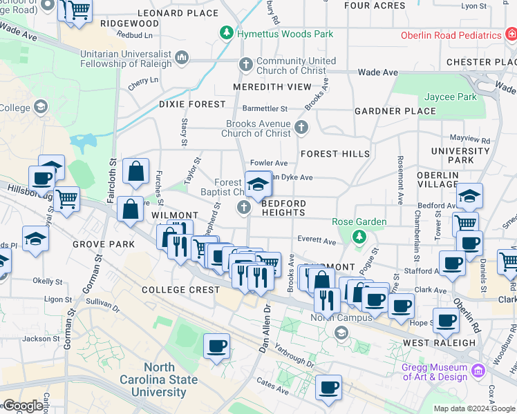 map of restaurants, bars, coffee shops, grocery stores, and more near 204 Dixie Trail in Raleigh