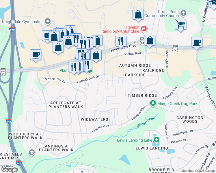 map of restaurants, bars, coffee shops, grocery stores, and more near 1001 Park Commons Drive in Knightdale