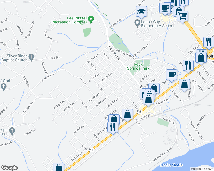 map of restaurants, bars, coffee shops, grocery stores, and more near 600 North C Street in Lenoir City