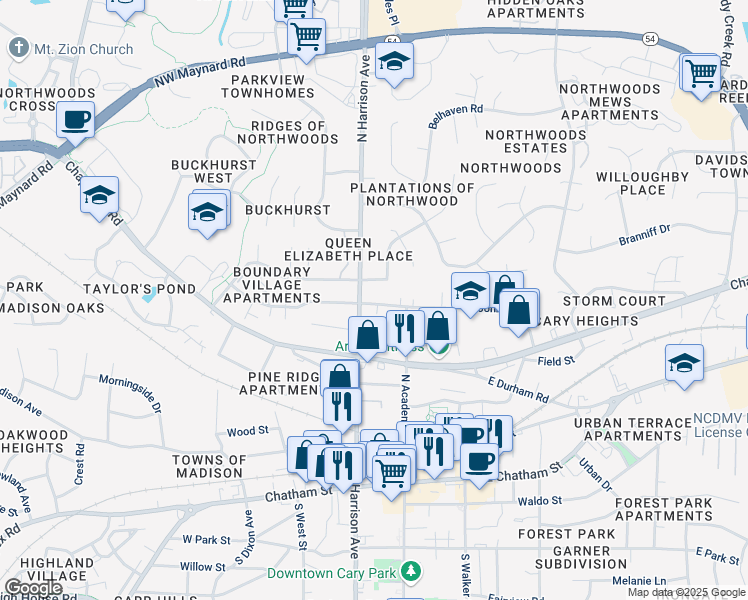 map of restaurants, bars, coffee shops, grocery stores, and more near 116 West Johnson Street in Cary