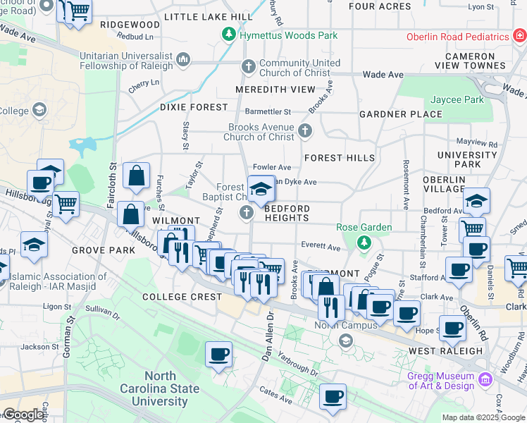 map of restaurants, bars, coffee shops, grocery stores, and more near 2823 Kilgore Avenue in Raleigh