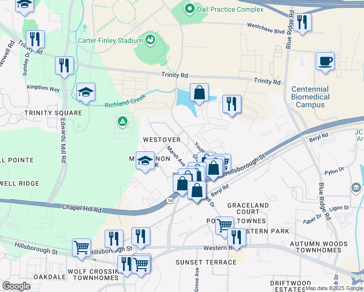 map of restaurants, bars, coffee shops, grocery stores, and more near 212 Marsh Avenue in Raleigh