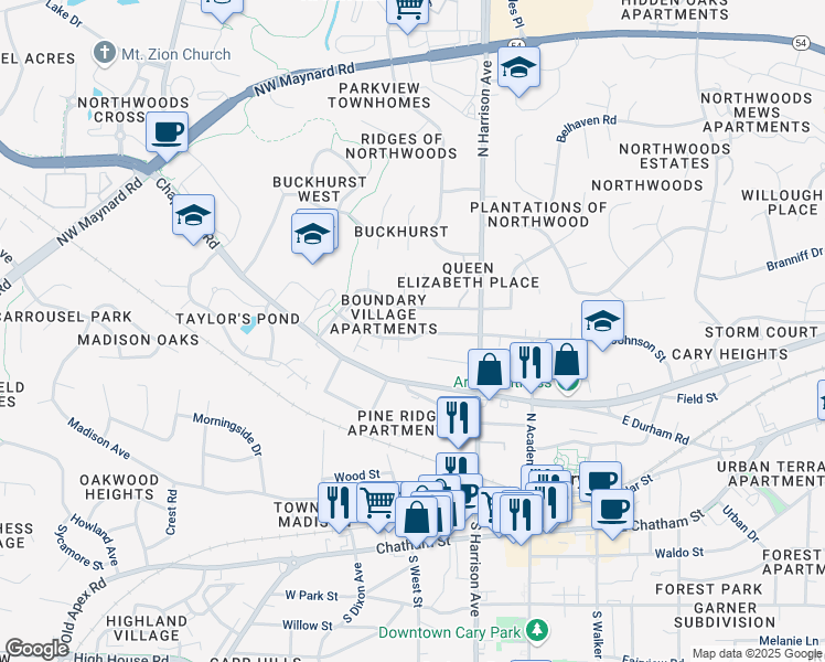 map of restaurants, bars, coffee shops, grocery stores, and more near 410 Delta Court in Cary