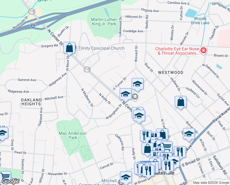 map of restaurants, bars, coffee shops, grocery stores, and more near 537 North Center Street in Statesville