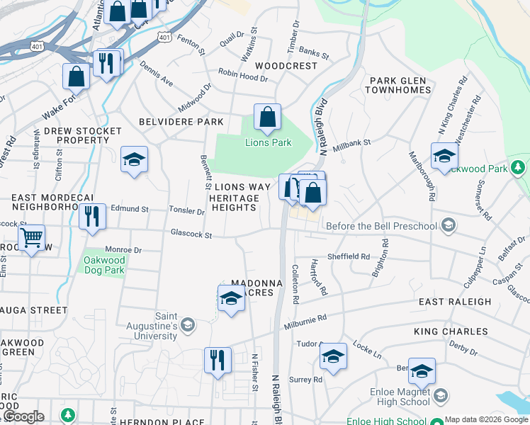 map of restaurants, bars, coffee shops, grocery stores, and more near in Raleigh