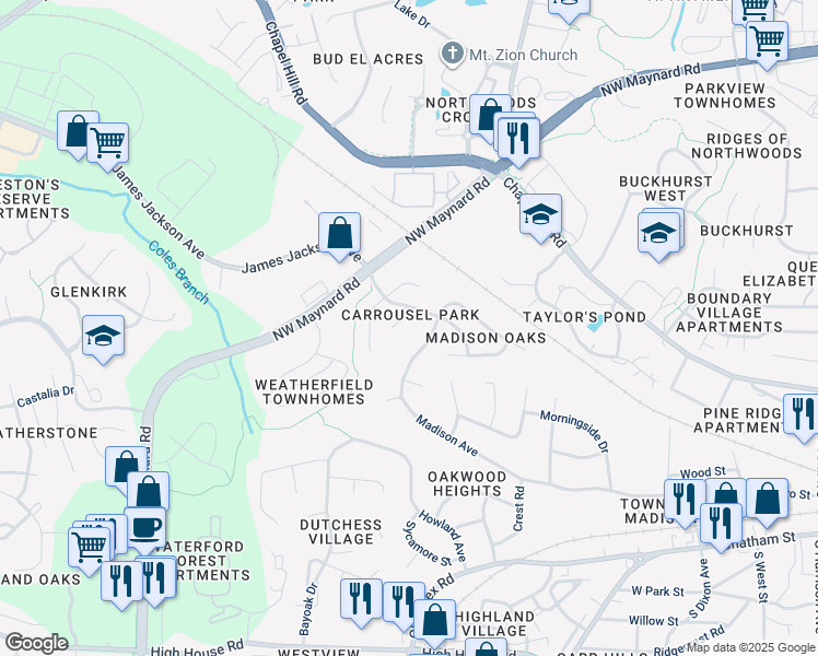map of restaurants, bars, coffee shops, grocery stores, and more near 105 Candy Apple Court in Cary