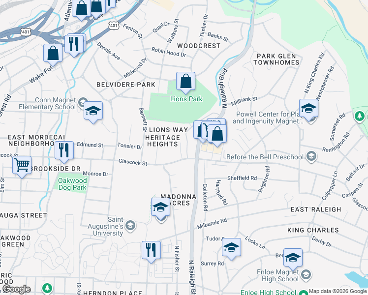 map of restaurants, bars, coffee shops, grocery stores, and more near in Raleigh