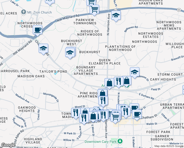 map of restaurants, bars, coffee shops, grocery stores, and more near 410 Delta Court in Cary