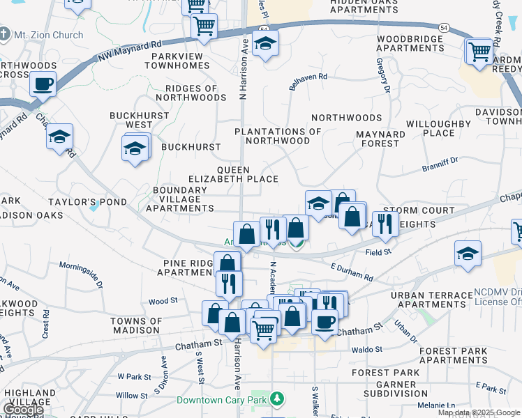 map of restaurants, bars, coffee shops, grocery stores, and more near 108 West Johnson Street in Cary