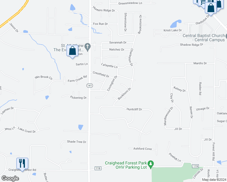 map of restaurants, bars, coffee shops, grocery stores, and more near 305 Albany Drive in Jonesboro