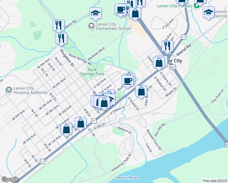 map of restaurants, bars, coffee shops, grocery stores, and more near 311 East 1st Avenue in Lenoir City