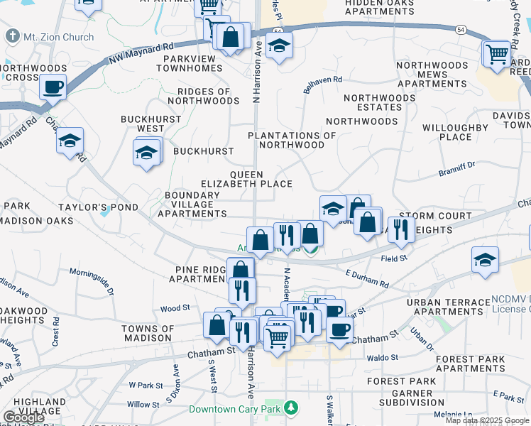 map of restaurants, bars, coffee shops, grocery stores, and more near 116 West Johnson Street in Cary
