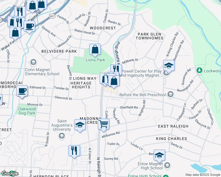 map of restaurants, bars, coffee shops, grocery stores, and more near 1100 Raleigh Boulevard in Raleigh