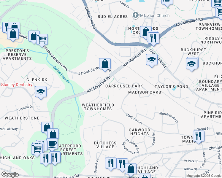 map of restaurants, bars, coffee shops, grocery stores, and more near 110 Brass Ring Court in Cary