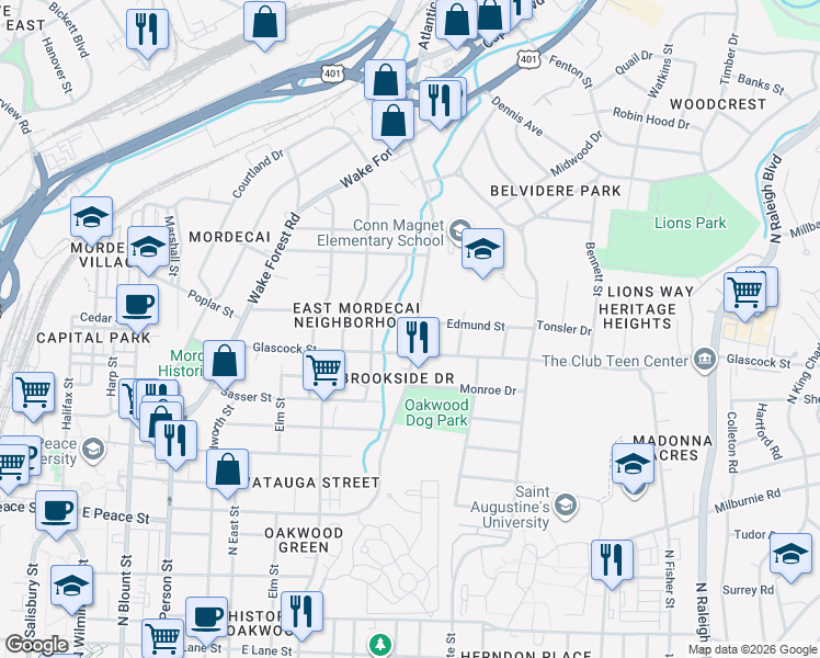 map of restaurants, bars, coffee shops, grocery stores, and more near 1120 Norris Street in Raleigh
