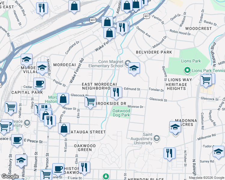 map of restaurants, bars, coffee shops, grocery stores, and more near 1120 Norris Street in Raleigh