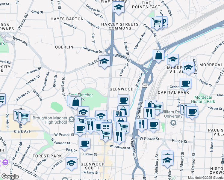 map of restaurants, bars, coffee shops, grocery stores, and more near 1212 Glenwood Avenue in Raleigh