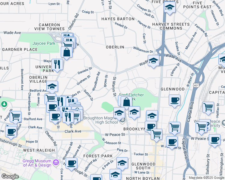 map of restaurants, bars, coffee shops, grocery stores, and more near 812 Bryan Street in Raleigh